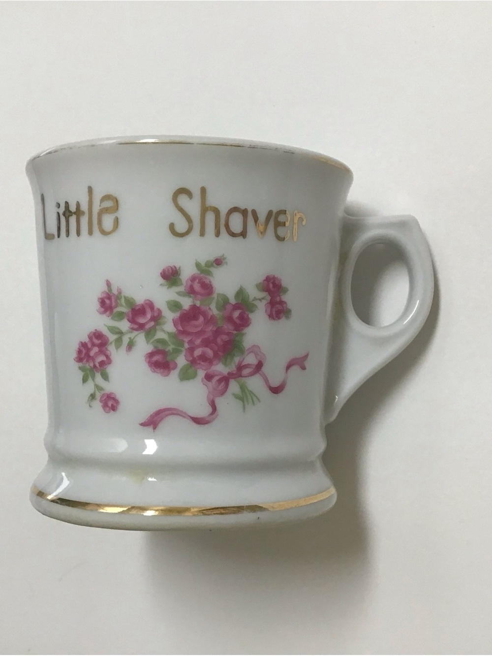 Vintage Shaving Mug FOR A LITTLE SHAVER Girl’s White Pink Roses Bouquet Ribbons
